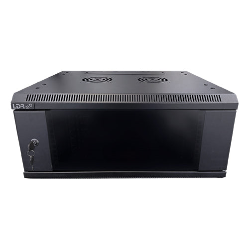 LDR Assembled 4U Wall Mount Cabinet (600mm x 450mm) Glass Door - Black Metal Construction - Top Fan Vents - Side Access Panels - Image 3