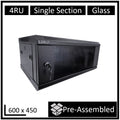 LDR Assembled 4U Wall Mount Cabinet (600mm x 450mm) Glass Door - Black Metal Construction - Top Fan Vents - Side Access Panels - Image 1
