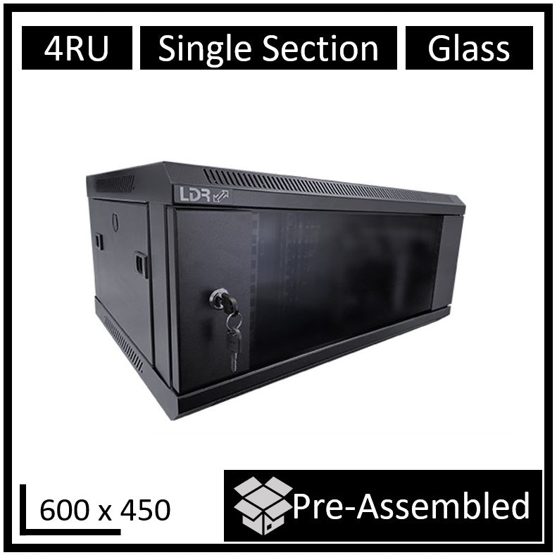 LDR Assembled 4U Wall Mount Cabinet (600mm x 450mm) Glass Door - Black Metal Construction - Top Fan Vents - Side Access Panels - Image 1