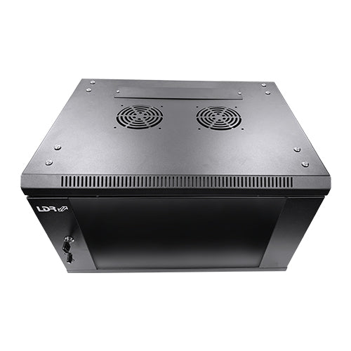 LDR Assembled 6U Wall Mount Cabinet (600mm x 450mm) Glass Door - Black Metal Construction - Top Fan Vents - Side Access Panels - Image 4