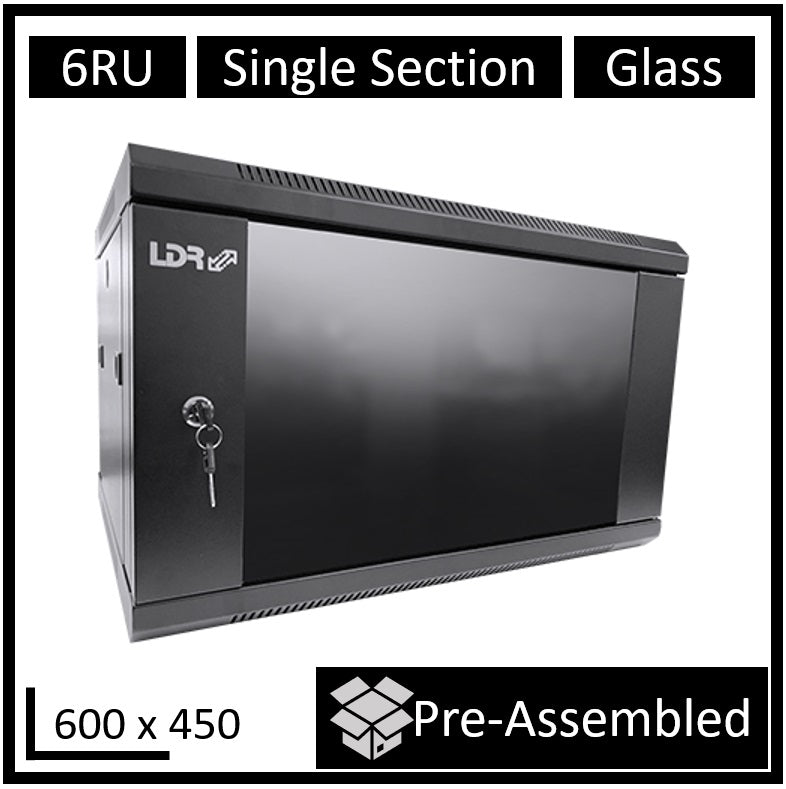 LDR Assembled 6U Wall Mount Cabinet (600mm x 450mm) Glass Door - Black Metal Construction - Top Fan Vents - Side Access Panels - Image 5