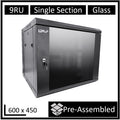 LDR Assembled 9U Wall Mount Cabinet (600mm x 450mm) Glass Door - Black Metal Construction - Top Fan Vents - Side Access Panels - Image 1