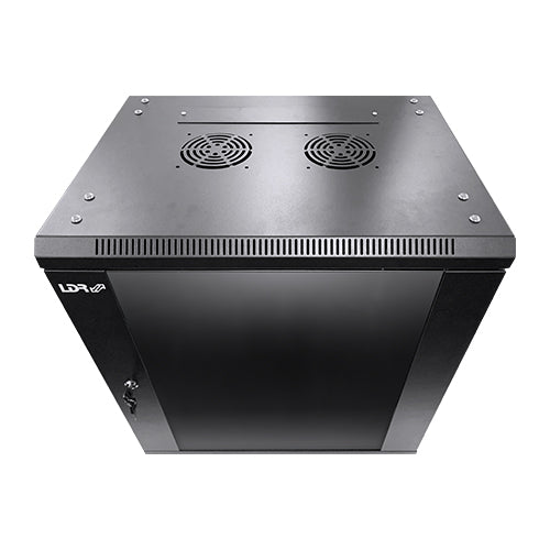 LDR Assembled 9U Wall Mount Cabinet (600mm x 450mm) Glass Door - Black Metal Construction - Top Fan Vents - Side Access Panels - Image 2