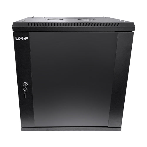 LDR Assembled 9U Wall Mount Cabinet (600mm x 450mm) Glass Door - Black Metal Construction - Top Fan Vents - Side Access Panels - Image 3