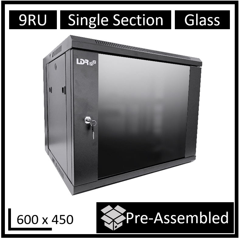 LDR Assembled 9U Wall Mount Cabinet (600mm x 450mm) Glass Door - Black Metal Construction - Top Fan Vents - Side Access Panels - Image 5