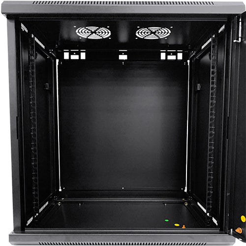 LDR Assembled 9U Wall Mount Cabinet (600mm x 450mm) Glass Door - Black Metal Construction - Top Fan Vents - Side Access Panels - Image 4