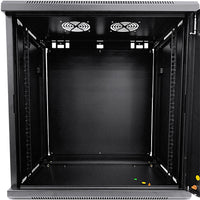 LDR Assembled 9U Wall Mount Cabinet (600mm x 450mm) Glass Door - Black Metal Construction - Top Fan Vents - Side Access Panels - Image 4
