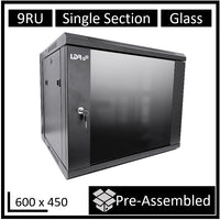 LDR Assembled 9U Wall Mount Cabinet (600mm x 450mm) Glass Door - Black Metal Construction - Top Fan Vents - Side Access Panels - Image 5