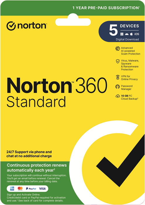 Norton 360 Standard 10GB AU 1 User 5 Device, 12 Months, Digital Key  via Email (Available on Leader Cloud)