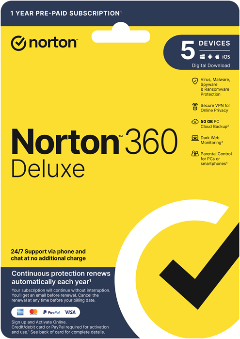 Norton 360 Deluxe 50GB AU 1 User, 5 Devices, 12 Months, Digital Key via Email (Available on Leader Cloud) - Image 1