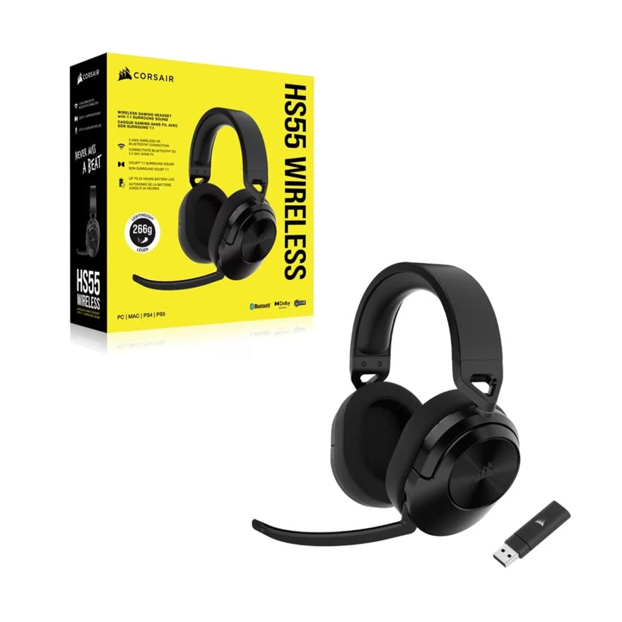 Corsair HS55 WIRELESS Gaming Headset- Carbon (AP), 50mm drivers, Dolby 7.1, wireless 50 ft, 24h battery, PC/PS4/PS5, iCUE support, omnidirectional mic - Image 1
