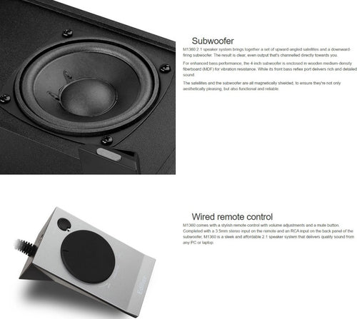 Edifier M1360 2.1 Multimedia Speakers - 3.5mm AUX/4INCH Subwoofer/Remote/RCA Remote Control input Black - Image 2