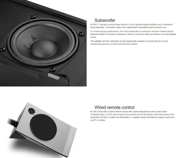 Edifier M1360 2.1 Multimedia Speakers - 3.5mm AUX/4INCH Subwoofer/Remote/RCA Remote Control input Black