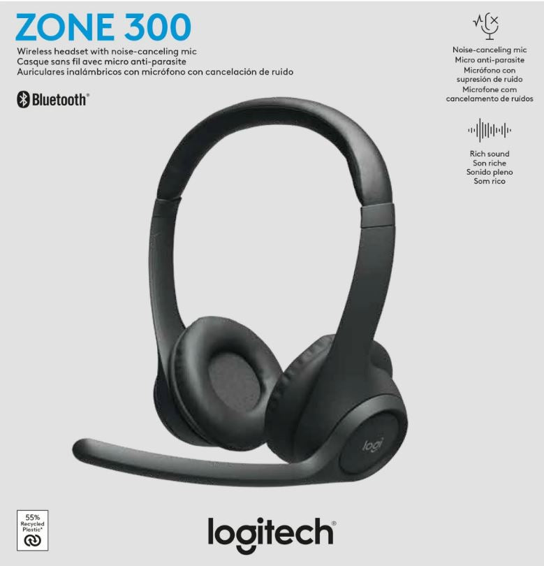 Logitech ZONE 300 Wireless Headset Midnight Black 1-Year Limited Hardware Warranty - Image 4