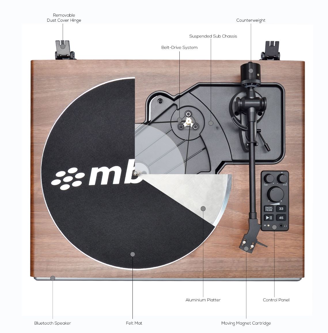(LS)mbeat® Hi-Fi Turntable with Bluetooth Speaker adjustable counterweight Turntable Speed: 331/3 & 45 RPM Weight: 5.75kg - Image 4