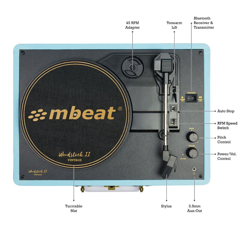 (LS)mbeat®  Woodstock 2 Sky Blue Retro Turntable Player with BT Receiver & Transmitter Built-in Bluetooth receiver eaturing 3 speed settings - Image 2