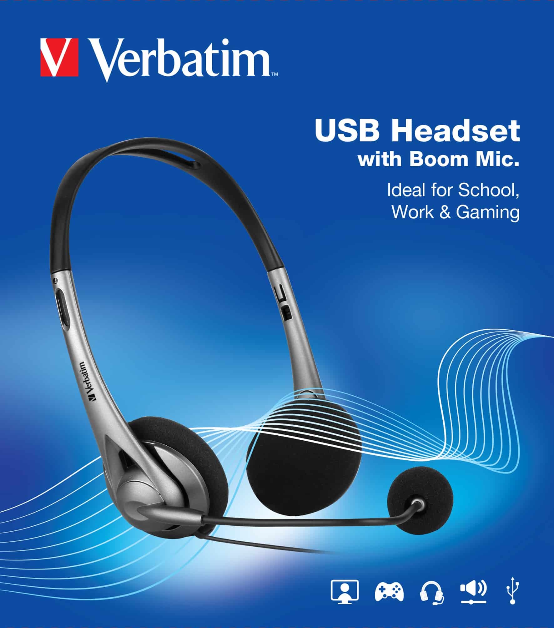 Verbatim Multimedia Headset with Boom Mic Headphone, Volume Control, USB 3.0 – Grey – School, Office, Business. Retail Pack - Image 4