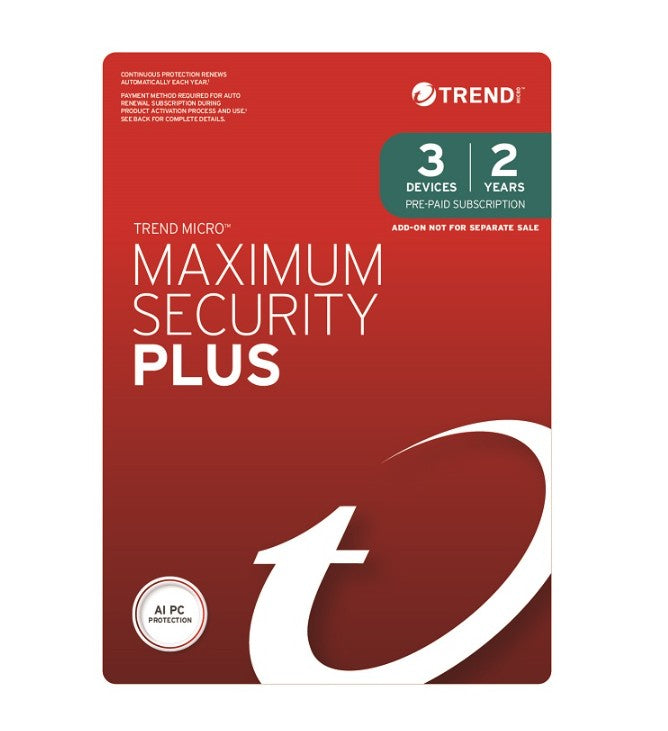 Trend Micro Maximum Security Plus (3 Devices) 2 Year Add-on Auto Renew OEM (Plus = Secure VPN / Cleaner Pro) - Image 1