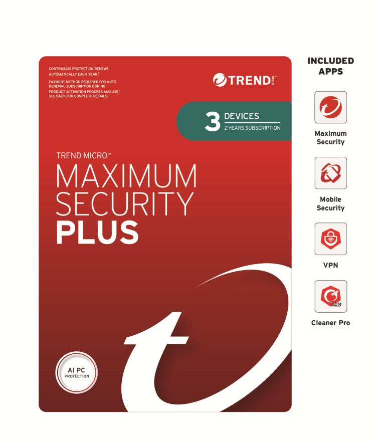 Trend Micro Maximum Security Plus (3 Devices) 2 Year Retail Mini Box Auto Renew (Plus = Secure VPN / Cleaner Pro) - Image 1