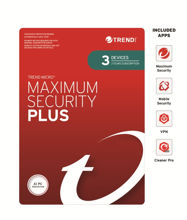 Trend Micro Maximum Security Plus (3 Devices) 2 Year Retail Mini Box Auto Renew (Plus = Secure VPN / Cleaner Pro)