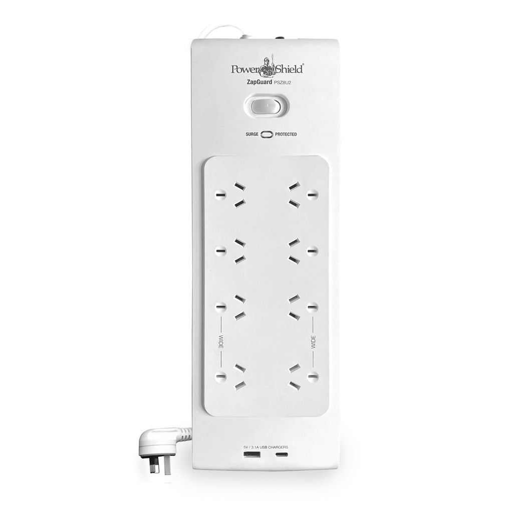PowerShield PSZ8U2 ZapGuard 8 Way Power Surge Filter Board, USB A / C Connectors, Wide Spaced Sockets, Wall Mountable, $60,000 Connected Equipment - Image 1