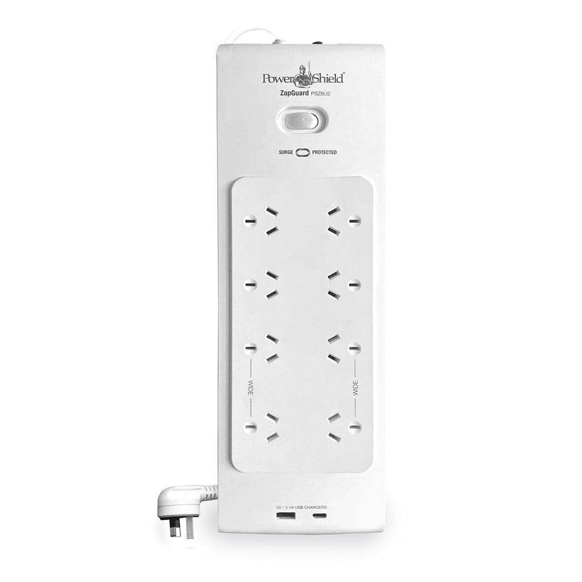 PowerShield PSZ8U2 ZapGuard 8 Way Power Surge Filter Board, USB A / C Connectors, Wide Spaced Sockets, Wall Mountable, $60,000 Connected Equipment - Image 2
