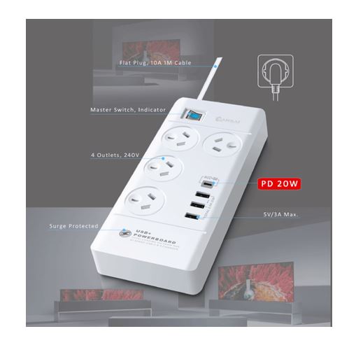 Sansai 4 Outlet 3xUSB-A & 1xUSB-C Powerboard Master On/Off switch Surge and overload protected Fast charging 1M 20W 220-240V 10A IV Retail box - Image 2