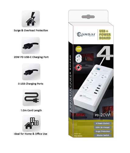 Sansai 4 Outlet 3xUSB-A & 1xUSB-C Powerboard Master On/Off switch Surge and overload protected Fast charging 1M 20W 220-240V 10A IV Retail box - Image 4
