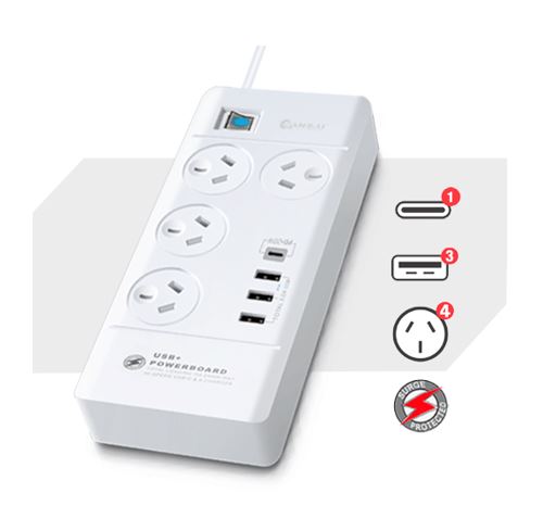 Sansai 4 Outlet 3xUSB-A & 1xUSB-C Powerboard Master On/Off switch Surge and overload protected Fast charging 1M 20W 220-240V 10A IV Retail box - Image 5