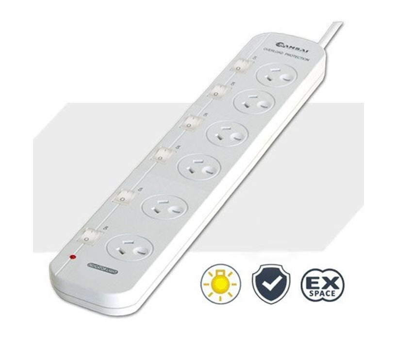 Sansai 6 Way Powerboard 6 Outlet 10A 240V Individually Switched 3 extra spaced sockets 1M Length - Image 1
