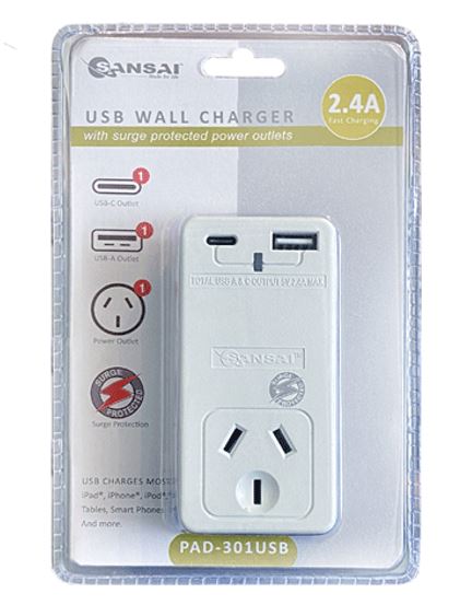 Sansai USB C + A 2xUSB charging Outlets Power Adaptor 240V 10A Power status indicator Wall Charger - Image 2