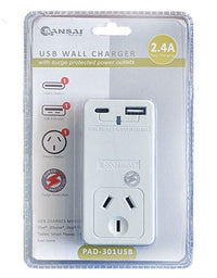 Sansai USB C + A 2xUSB charging Outlets Power Adaptor 240V 10A Power status indicator Wall Charger - Image 2
