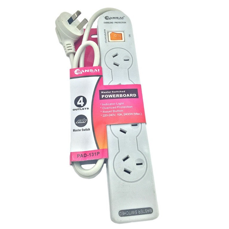 Sansai 4 Way Basic Powerboard (131P) with Master Switch Overload Protecte Reset button Indicator Light 100CM Lead 240VAC 10A - Image 2