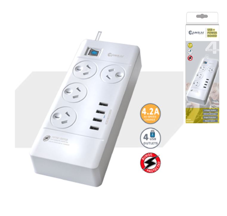 Sansai 4 Outlets & 4 USB Outlets Surge Protected Powerboard Master On/Off switch 1M lead & Right angle plug 230-240VAC IV Retail box - Image 2