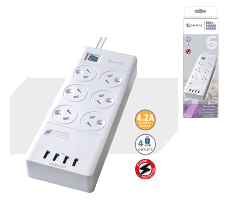 Sansai 6 Outlets & 4 USB Outlets Surge Protected Powerboard Master On/Off switch Surge and overload protected 230-240VAC IV Retail box - Image 2