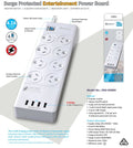 Sansai 8 Outlets & 4 USB Outlets Surge Protected Powerboard Master On/Off switch 1M lead & Right angle plug 230-240VAC IV Retail box - Image 1
