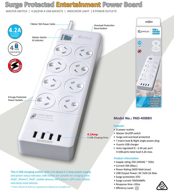 Sansai 8 Outlets & 4 USB Outlets Surge Protected Powerboard Master On/Off switch 1M lead & Right angle plug 230-240VAC IV Retail box - Image 1
