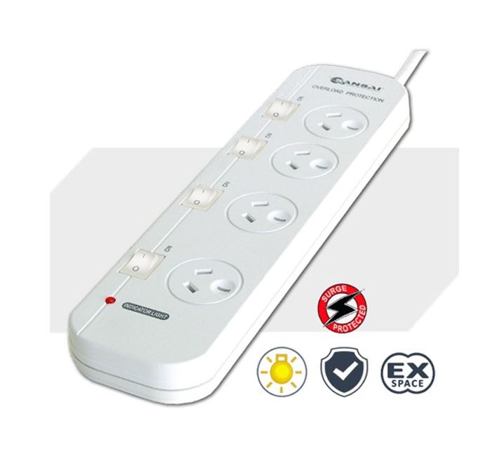 Sansai 4-Way Power Board (421SW) with Individual Switches and Surge Protection 2 Extra Spaced Sockets Indicator Light 100CM Lead 240VAC 50Hz 10A - Image 1
