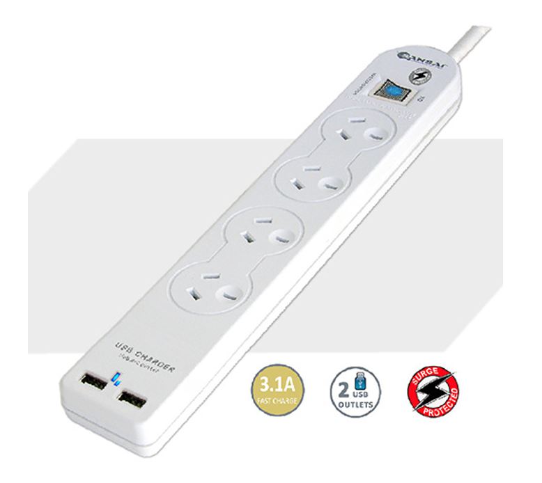 Sansai 4 Way Basic Powerboard USB Ax2 4 Outlets Master Switch Surge and overload protection1M Length - Image 3