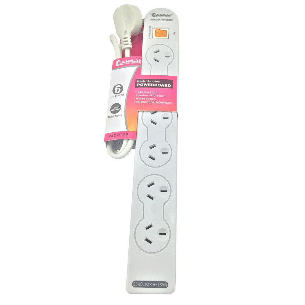 Sansai 6-Way Power Board (137P) with Master Switch Overload Protecte Reset button Indicator Light 100CM Lead 240VAC 10A - Image 2
