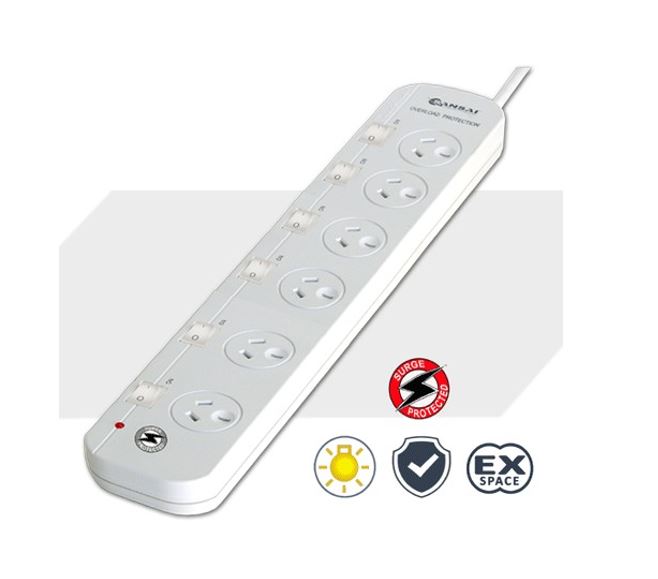 Sansai 6-Way Power Board (661SW) with Individual Switches and Surge Protection Overload Protected Reset button Indicator Light 100CM Lead 240VAC 10A - Image 2