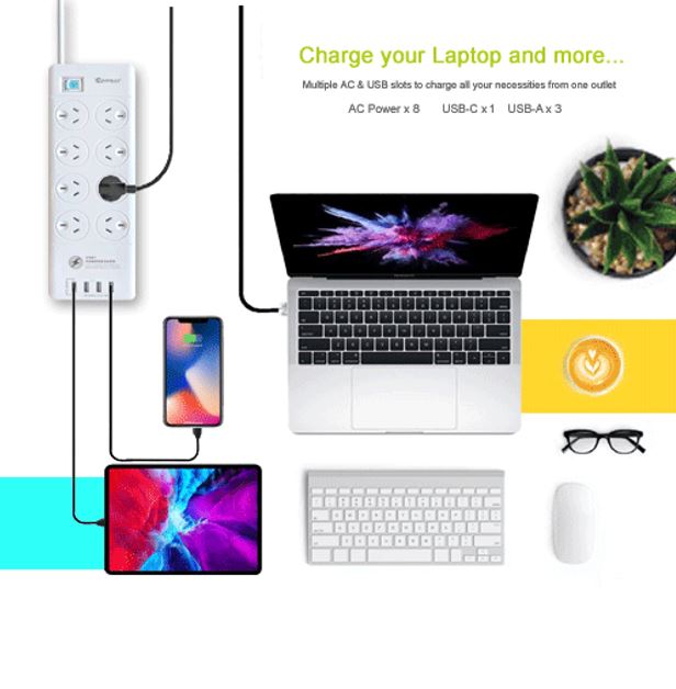 Sansai 8 Outlet 3*USB-A & 1*USB-C Powerboard Master On/Off switch Surge and overload protected 1M 20W 220-240V 10A IV Retail box - Image 3