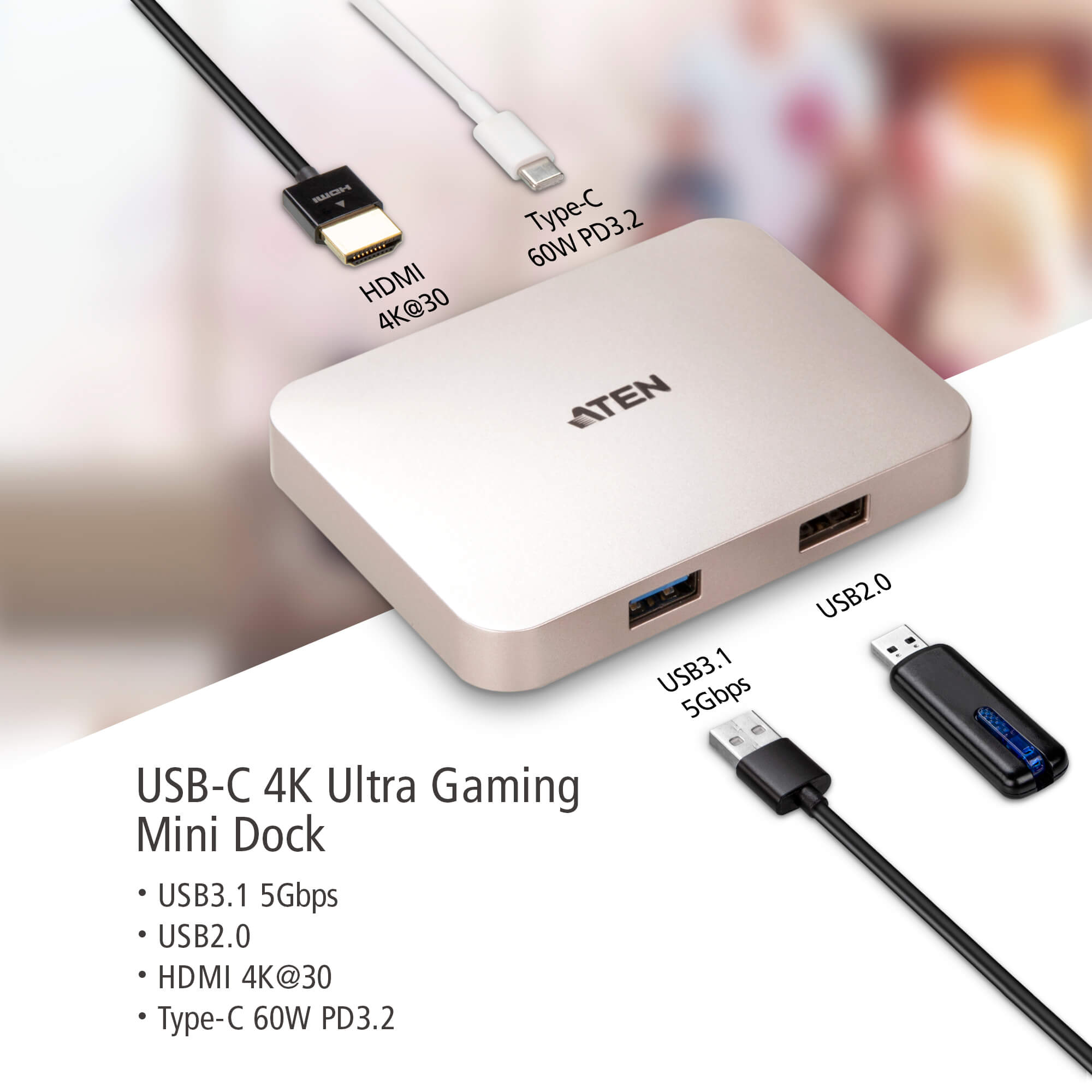 Aten USB-C Multiport Dock with Nintendo Switch, Android and iPad Pro (USB-C) support, HDMI 4K output, supports Windows + Mac (USB-C) - Image 3