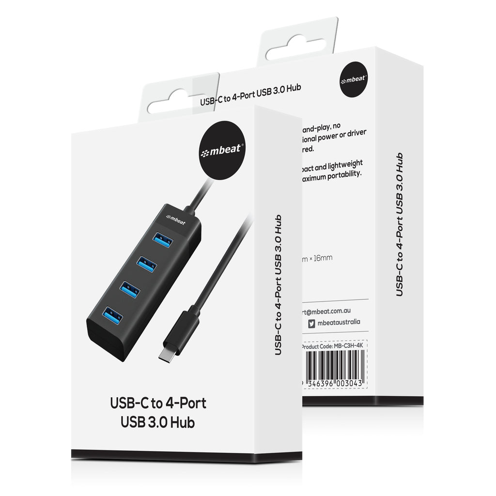 mbeat® USB-C to 4-Port 3.0 Hub - Black USB 3.0 transfer speeds up to 5Gbps Material: ABS Plastic Cable Length: 200mm Weights: 36g - Image 4