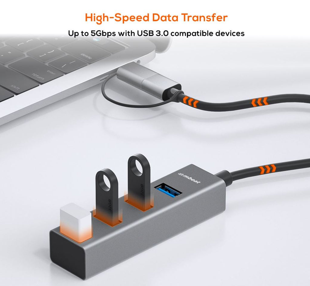 mbeat® 4-Port USB 3.0 Hub with 2-in-1 USB 3.0 & USB-C Converter - Space Grey transfer speeds up to 5Gbps  Material: Aluminium Weight: 48g - Image 2