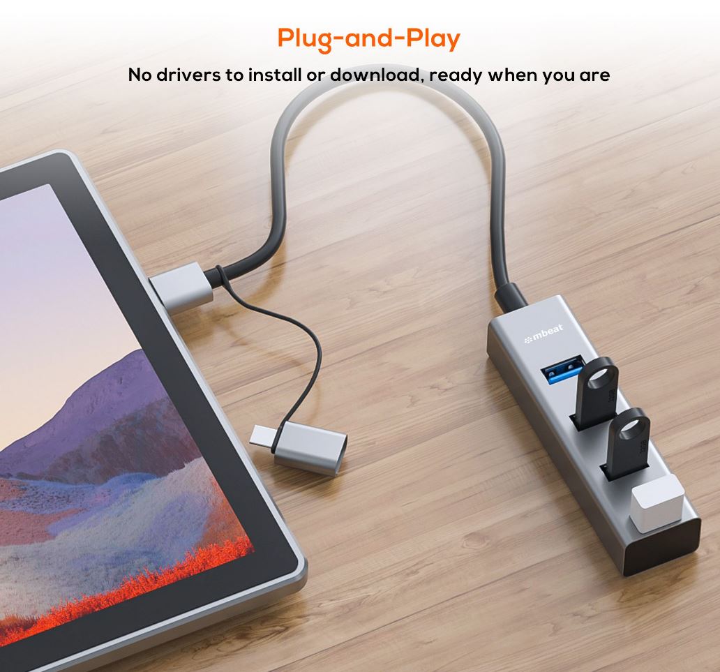 mbeat® 4-Port USB 3.0 Hub with 2-in-1 USB 3.0 & USB-C Converter - Space Grey transfer speeds up to 5Gbps  Material: Aluminium Weight: 48g - Image 3