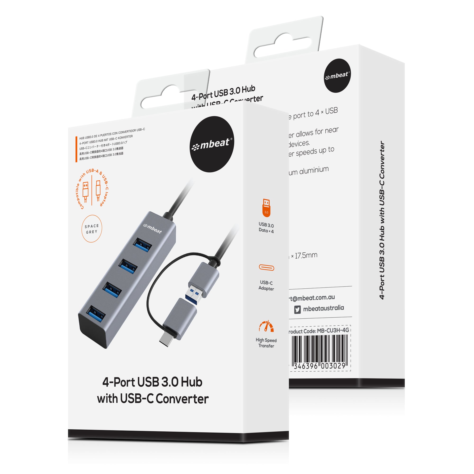 mbeat® 4-Port USB 3.0 Hub with 2-in-1 USB 3.0 & USB-C Converter - Space Grey transfer speeds up to 5Gbps  Material: Aluminium Weight: 48g - Image 4