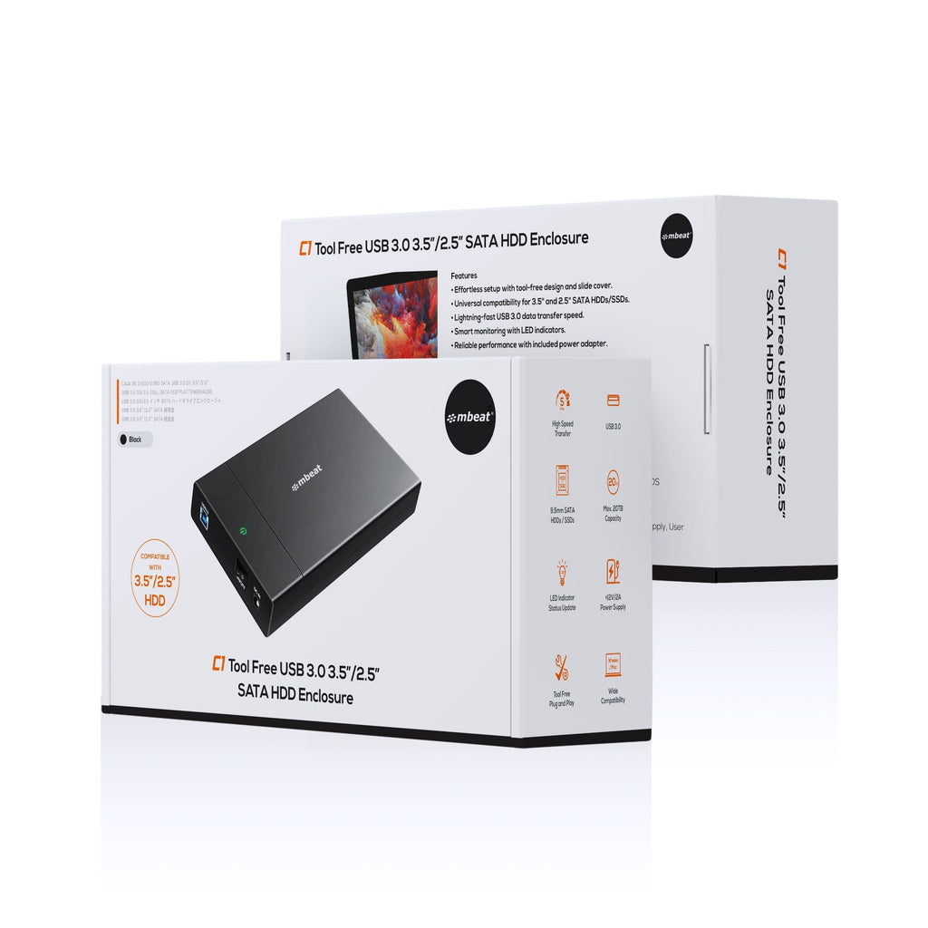 mbeat® C1 Tool-Free USB 3.0 3.5" & 2.5" SATA HDD Enclosure - Black Data Speed: Maximum up to 5Gbp Product Weight: 121g DC Power: +12V/2A Power Supply - Image 4