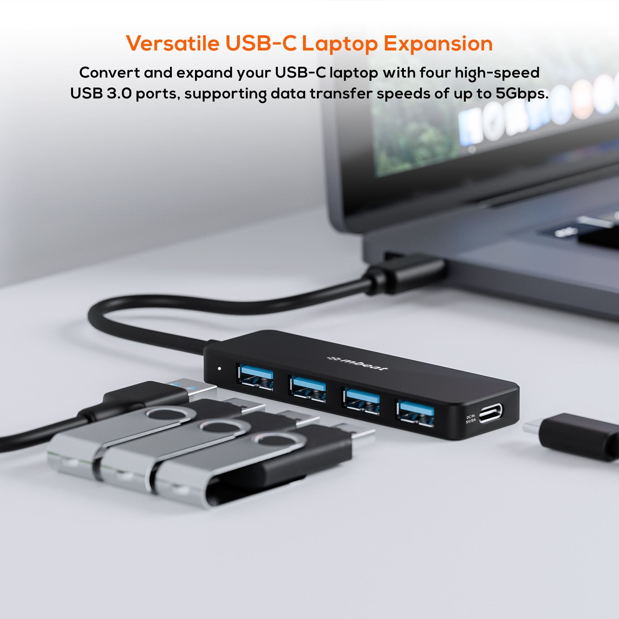 mbeat® 4-Port USB-C Hub with USB-C DC Port  Compact and Portable Design  Flexible Device Connectivity Data Transfer Speed: 5Gbps Weight: 30g - Image 3