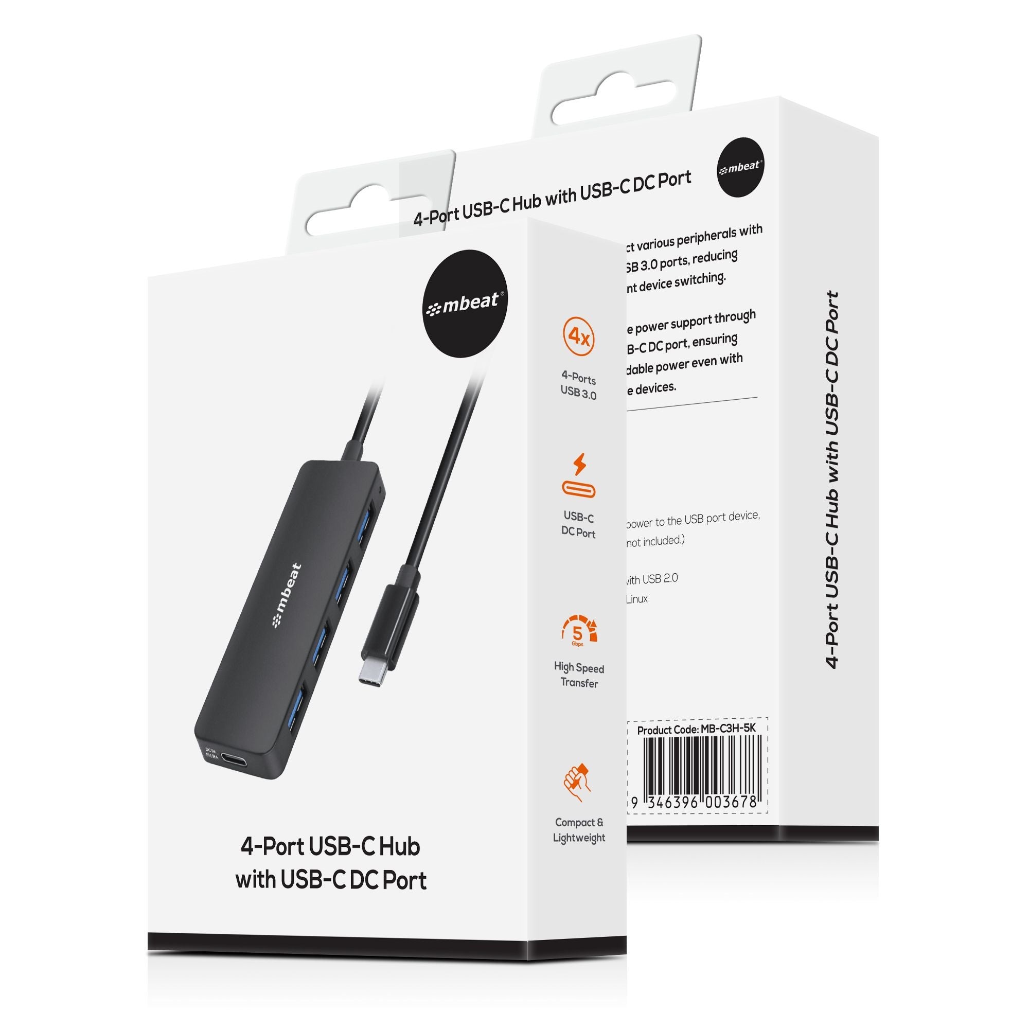 mbeat® 4-Port USB-C Hub with USB-C DC Port  Compact and Portable Design  Flexible Device Connectivity Data Transfer Speed: 5Gbps Weight: 30g - Image 4